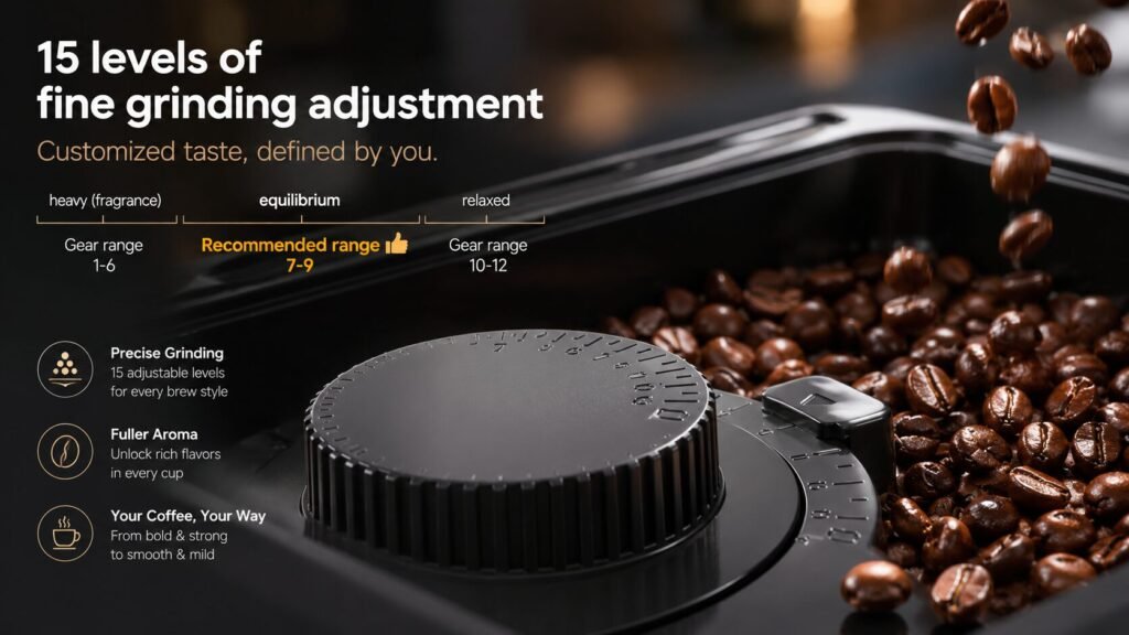 HiBREW H16 stainless steel conical burr grinder with 15 adjustable grind settings
