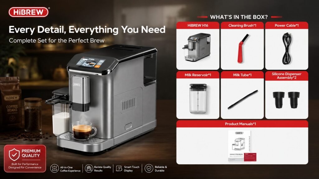 HiBREW H16 box contents showing espresso machine and included accessories