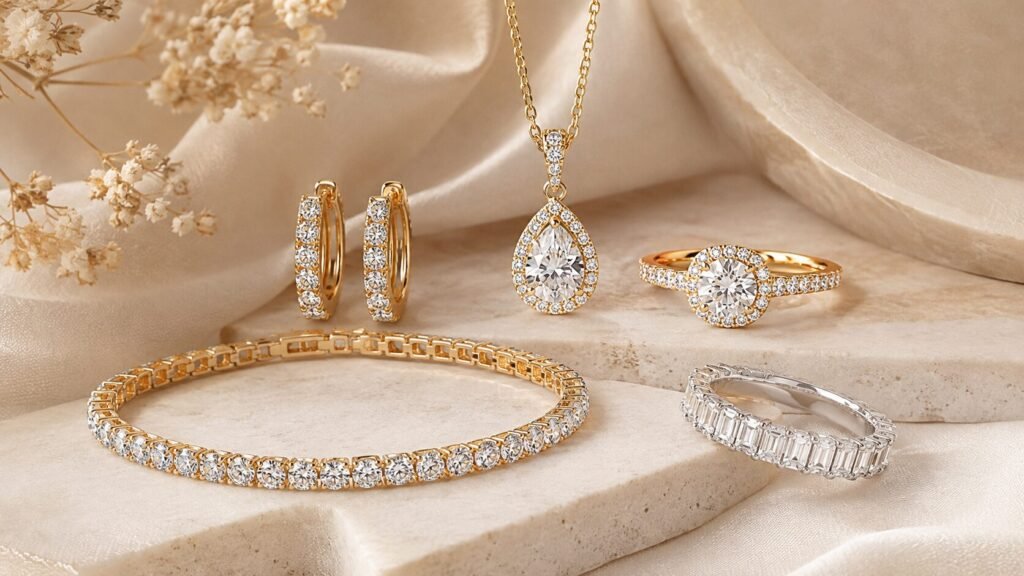 Modern diamond jewelry collection with rings, earrings, necklaces, and bracelets