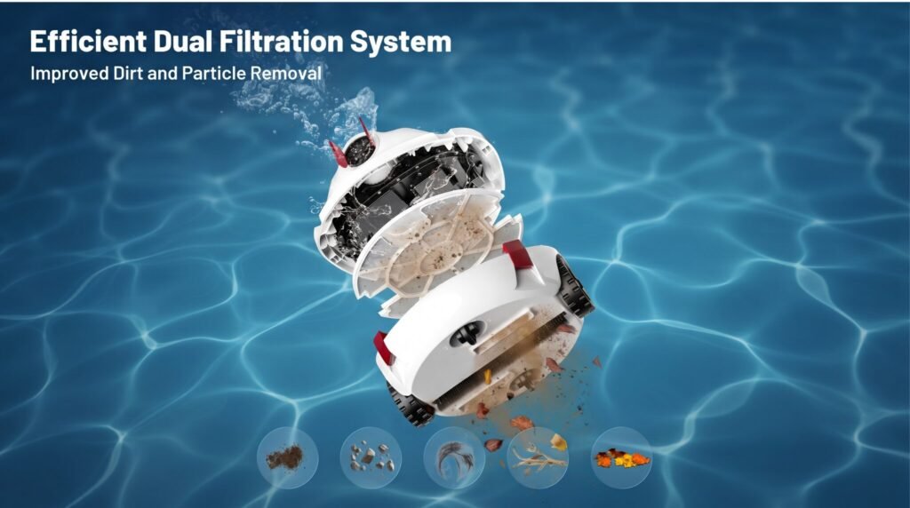 P10 pool cleaner collecting leaves, sand, dirt and fine debris from pool floor