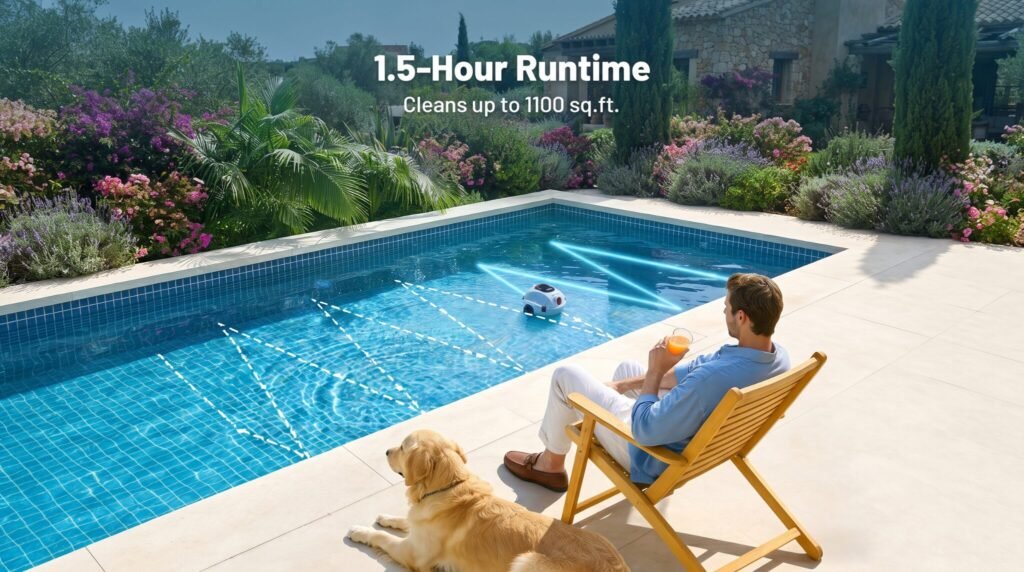 VONKO P10 cordless robotic pool vacuum cleaning an above-ground swimming pool with up to 100 minutes of battery runtime and automatic navigation.