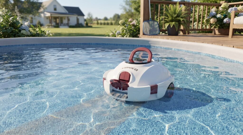 VONKO P10 cordless robotic pool vacuum cleaning an above-ground swimming pool with automatic self-parking and 100-minute battery runtime.