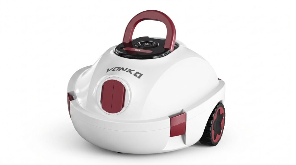 VONKO P10 cordless robotic pool vacuum cleaning an above-ground swimming pool without a cord or hose for effortless automatic pool cleaning.