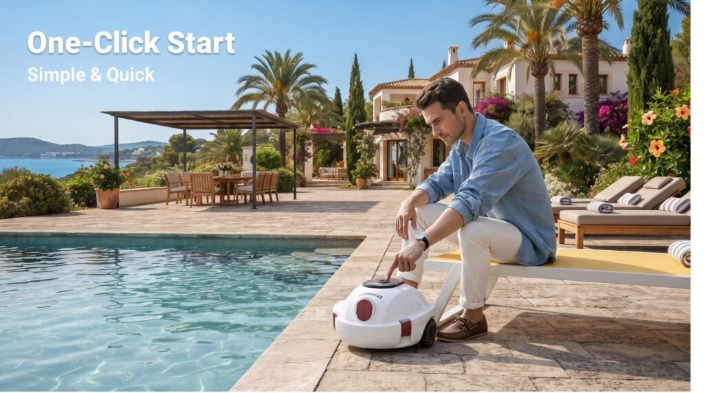 VONKO P10 cordless robotic pool vacuum with one-click start button cleaning an above-ground swimming pool automatically with powerful suction.