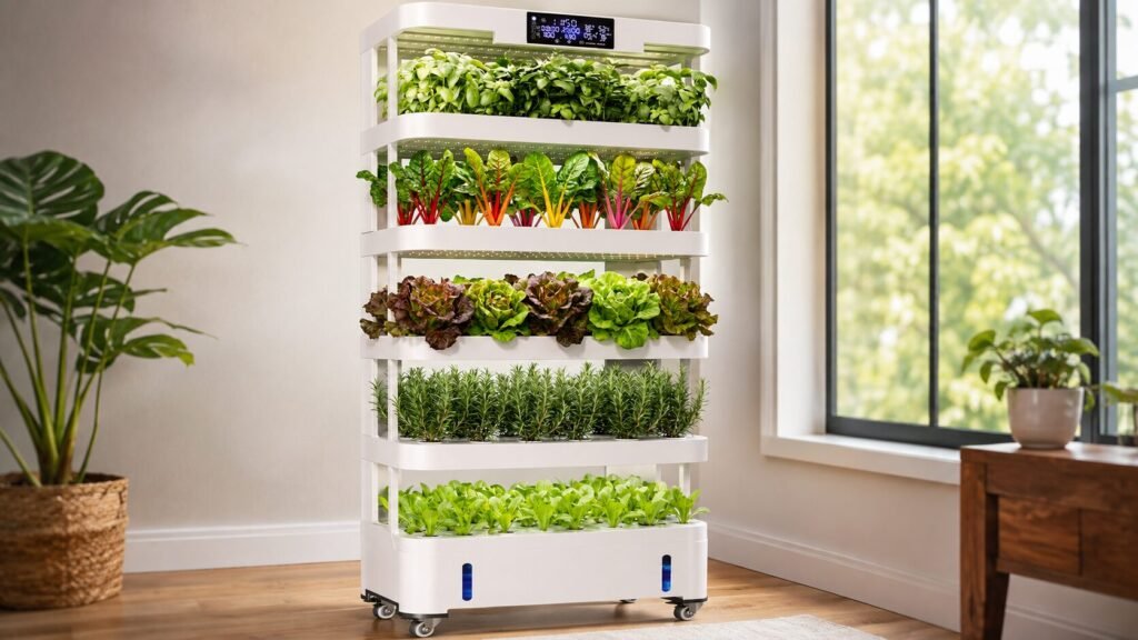 WooRoot Max 148-Pod vertical hydroponic tower garden with lush lettuce growing across five tiers