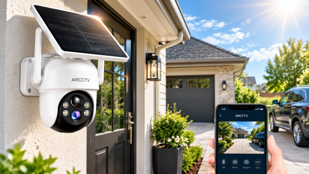 ARCCTV solar wireless outdoor security camera mounted near a home with solar panel