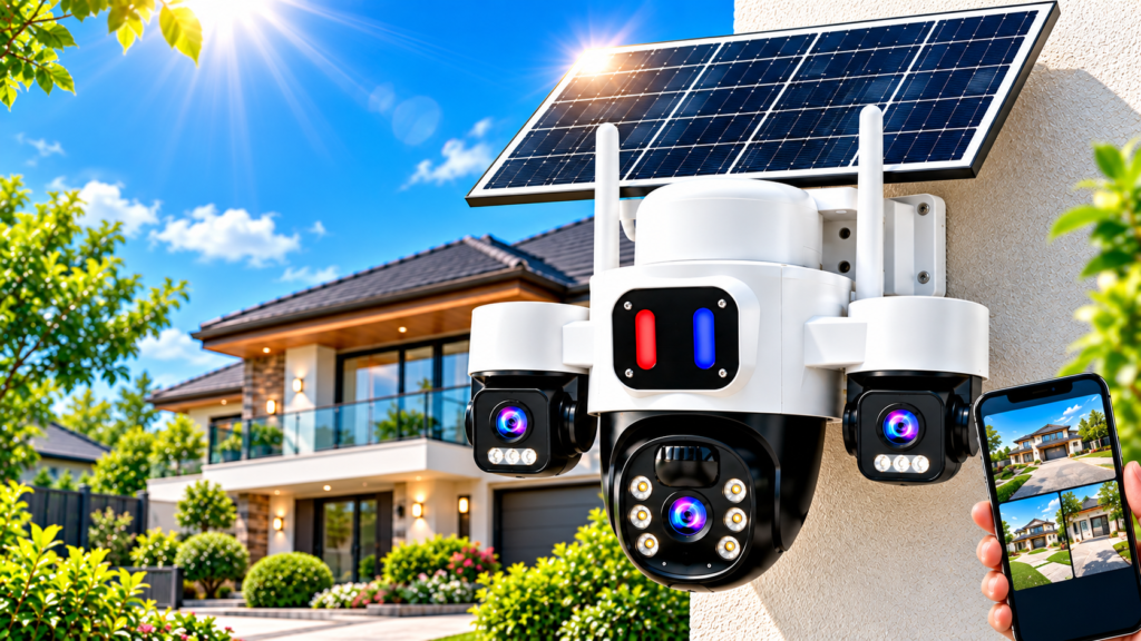 GUDFIDELIO solar outdoor security camera with a large solar panel mounted on a modern home, with a smartphone displaying live security views.
