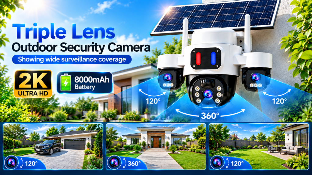 GUDFIDELIO triple lens outdoor security camera showing wide surveillance coverage