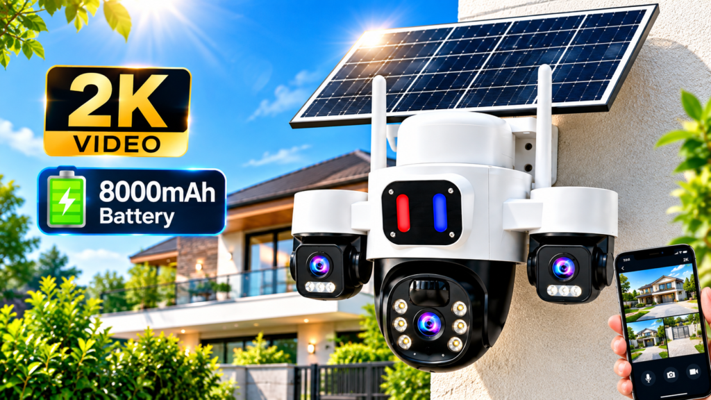 GUDFIDELIO triple lens solar security camera with 2K video and 8000mAh battery