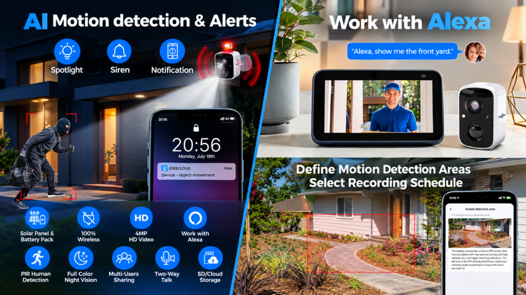 Hiseeu C90 solar security camera motion detection and mobile app