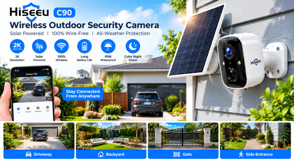 Hiseeu C90 outdoor solar security camera mounted with solar panel