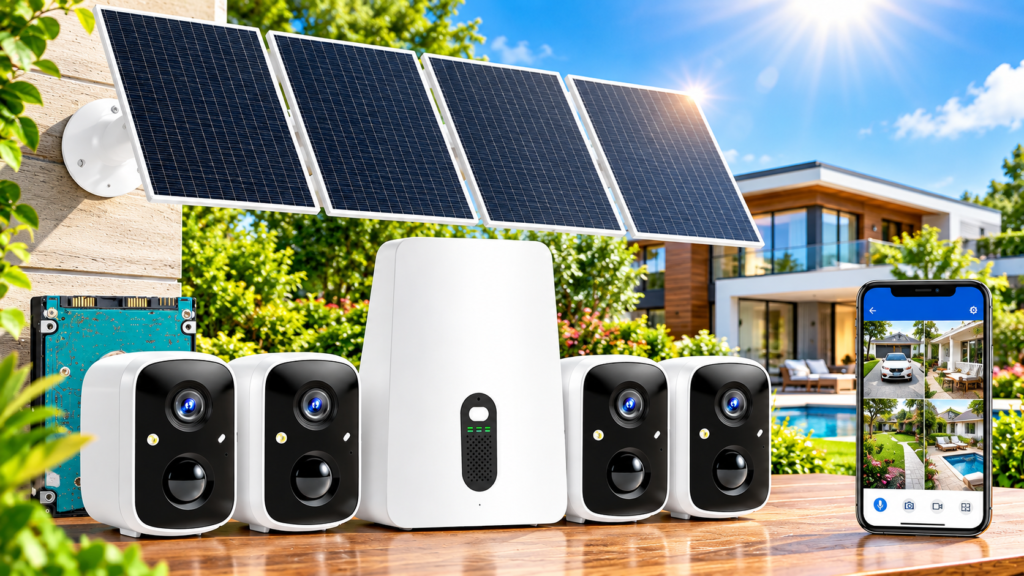 Hiseeu solar wireless outdoor security camera system with four cameras, 1TB storage, 2K color night vision, PIR and AI detection, and IP66 weatherproof design.