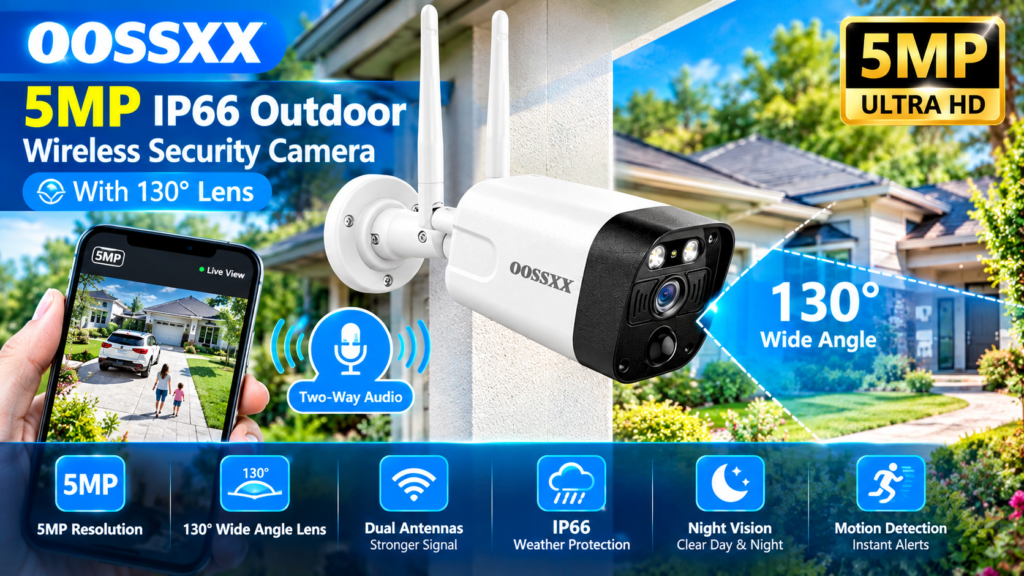 OOSSXX 5MP IP66 outdoor wireless security camera with 130 degree wide angle lens