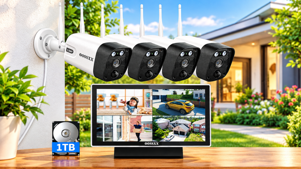 OOSSXX 5MP wireless security camera system with 10 inch monitor and four cameras