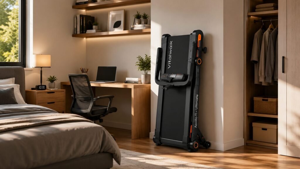 VITALWALK Apollo 11 Ultimate treadmill folded upright for small-space storage