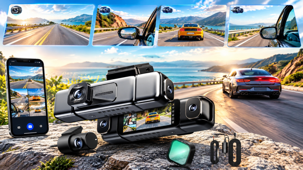 Botslab G980H four-channel dash cam system with multiple cameras, touchscreen display, smartphone footage view, and accessories on a scenic road background.