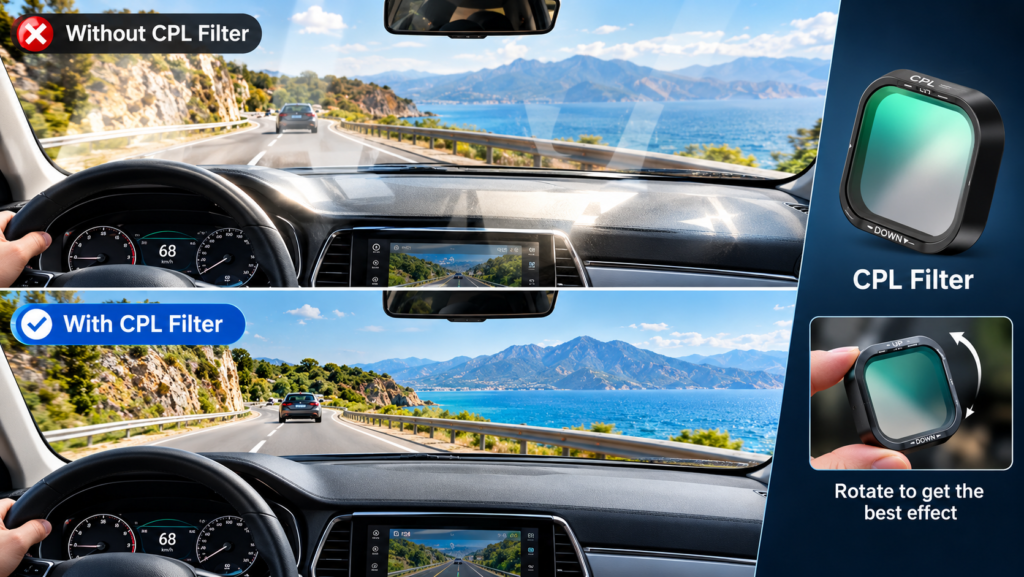 Botslab G980H dash cam CPL filter for reducing dashboard reflections