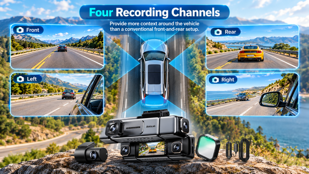 Botslab G980H four-channel dash cam front rear left and right camera coverage