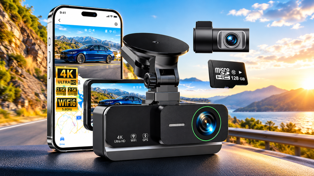 JOCRELA J15 front and rear dash cam with 3.39-inch display and accessories.