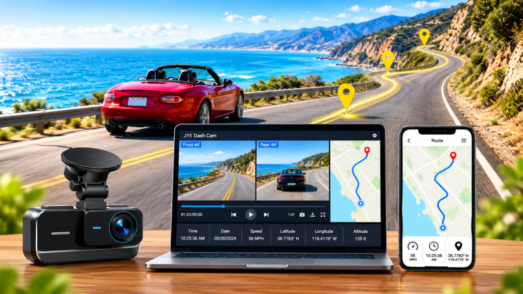 JOCRELA J15 windshield dash cam with screen and GPS features.