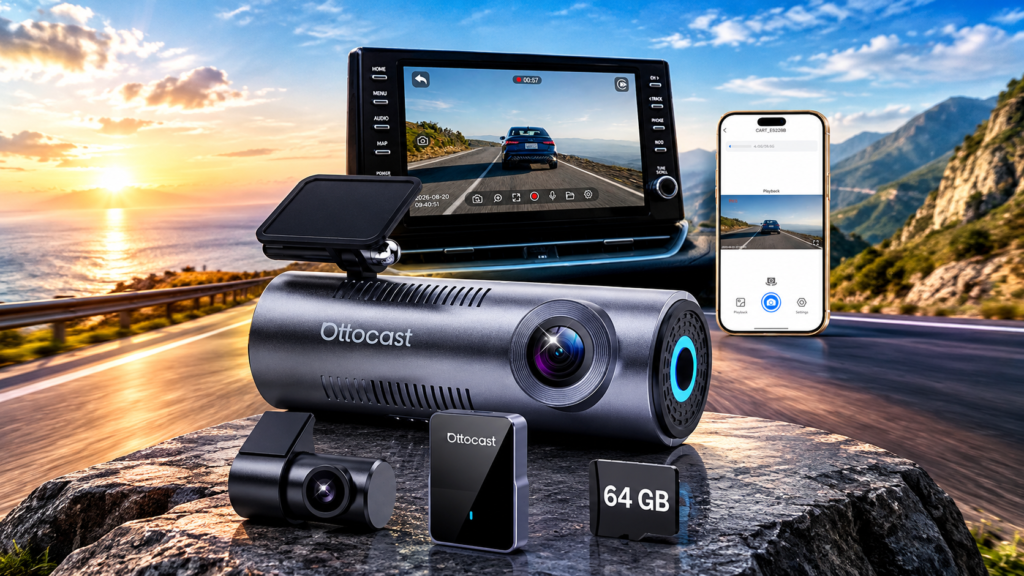 OTTOCAST OttoSafe Cam front and rear dash camera system with wireless CarPlay adapter