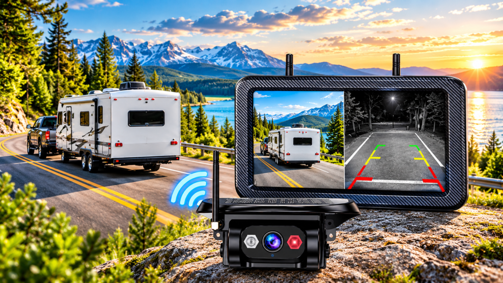 Yakry Y33 wireless RV backup camera system with monitor showing daytime and night-vision rear views beside a travel trailer on a mountain road.